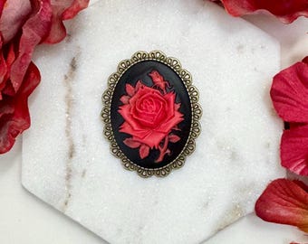 Red Rose Cameo Brooch, Black Background , Vintage Style Lapel Pin