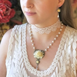 Cream Rose Necklace and Earring Set, Faux Pearl, Swarovski Crystal, Off White, Beaded Necklace, Vintage Style, Romantic Jewelry,Gift for Her