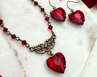 Sweetheart Red Necklace and Earring Set: Vintage Style Heart Jewelry
