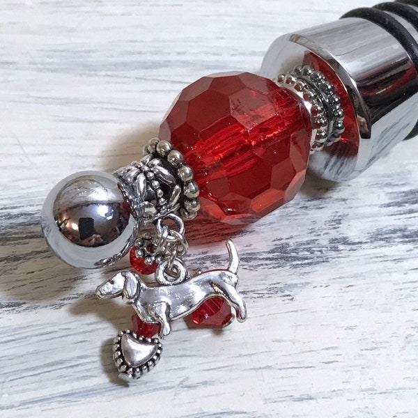 Doxie Pup Themed Wine Bottle Stopper, Dachshund Dog Red Beaded Stopper, Puppy Dog Wine Cork, Wine Bottle Topper, Doggy Wine Stopper