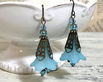 Ocean Blue Earrings, Blue Trumpet Flower Earrings, Vintage Inspired, Romantic Jewelry, Renn Faire, Bohemian Style, Statement Jewelry