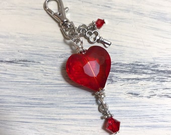 Big Red Heart Zipper Pull, Faceted Glass Heart Bead, Purse Pull, Bag Clip, Backpack Charm, Love Always Wins