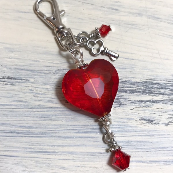 Big Red Heart Zipper Pull, Faceted Glass Heart Bead, Purse Pull, Bag Clip, Backpack Charm, Love Always Wins