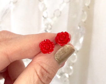 Cute Rose Flower Stud Earrings, Post Earrings, 10mm Resin Roses, Bridesmaids Gifts, Hypoallergenic, Red Roses, Purple Roses, Pink Roses