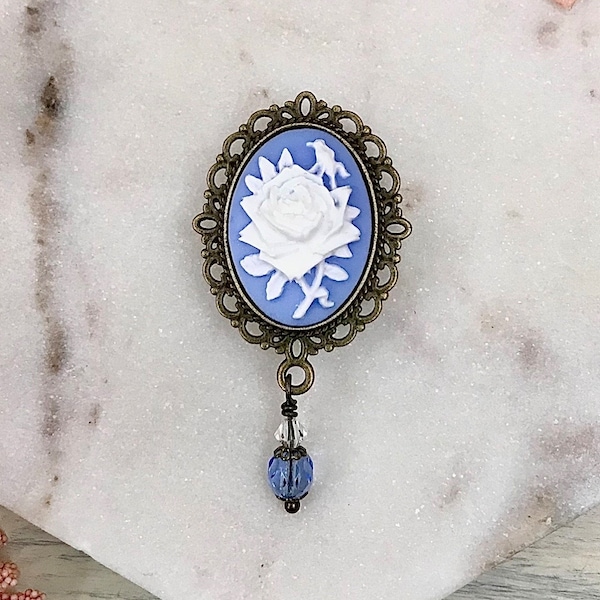 White Rose and Blue Cameo Brooch, Floral Pin, Rose Jewelry, Lapel Pin, Reproduction Cameo, Victorian Era, Bridal Accessory, Something Blue