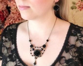 Black Rose Necklace and Earring Set: Vintage Style Floral Jewelry