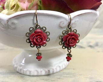 Dark Red Rose Women’s Dangle Earring, Botanical Jewelry, Burgundy Rose, Maroon Rose, Wine Rose Jewelry, Vintage Style, Scarlet Rose Jewelry