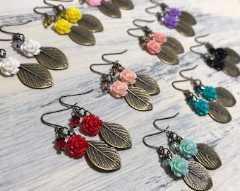 Pretty Vintage Style Rose Leaf Women’s Earrings, Dangle Pierced Earrings, Choice of Colors, White, Yellow, Red, Pink, Teal, Purple, Black
