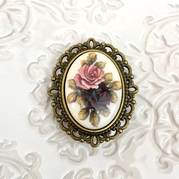 Vintage Style Rose Cameo Brooch, Dusty Pink and Burgundy Roses Boutique, Reproduction Vintage Jewelry, Retro Jewelry, Victorian Lapel Pin