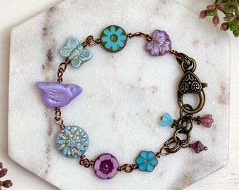 Pale Purple Bird and Mixed Flower Czech Glass Beaded Bracelet, Blue, Lilac, Lavender, Botanical Jewelry, Boho Style, Gift for Her