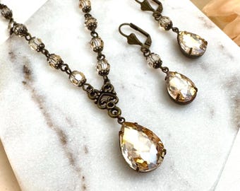 Lovely Champagne Teardrop Necklace and Earring Set, Beaded Women’s Jewelry, Vintage Style, Wedding Jewelry, Light Colorado Topaz