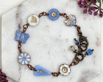 Blue Butterfly and Flowers Beaded Bracelet, Czech Glass, Blue White Cream, Vintage Style, Botanical Jewelry