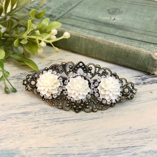 Pretty Creamy Off White Chrysanthemum Large Hair Barrette with Rhinestones, Floral Clip, Mum Flower, Wedding, Bridal, Bridesmaids, Prom