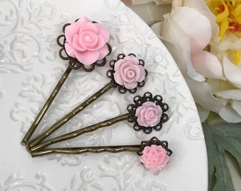Pretty Light Pink Rose Flower Women’s Bobby Pins Set of 4, Floral Hair Accessories, Pink Hair Pins, Vintage Style, Bridal, Bridesmaids, Prom