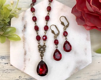 Dark Red Sparkly Teardrop Beaded Women’s Necklace Earring Set, Siam Pear Pendant, Wedding, Mother of the Bride, Bridesmaid Jewelry, Prom
