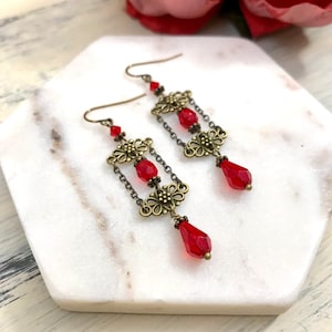 Red Chandelier Women’s Dangle Earrings, Red Sparkly Jewelry, Vintage Style, Romantic, Victorian, Renaissance Faire, Statement Drop Earrings