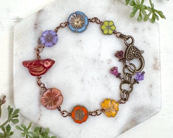 Rainbow Flower and Red Bird Czech Glass Beaded Women’s Bracelet, Chunky Beads, Vintage Style, Botanical Jewelry, Cute Birdie