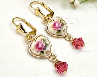 Bright Pink Rose Heart Shaped Cameo Women’s Dangle Earrings, Vintage Style, Victorian, Botanical, Retro, Floral Jewelry, Gift for Her