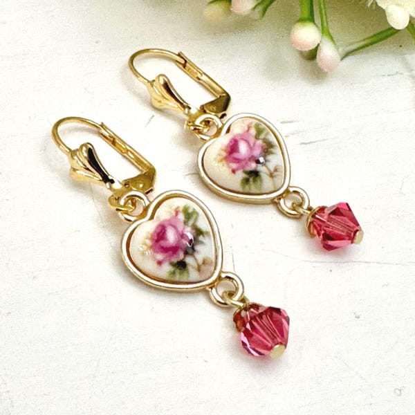 Bright Pink Rose Heart Shaped Cameo Women’s Dangle Earrings, Vintage Style, Victorian, Botanical, Retro, Floral Jewelry, Gift for Her