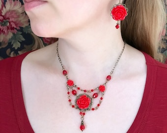 Red Rose Necklace and Earring Set: Vintage Style Floral Jewelry