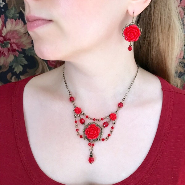 Lovely Red Rose Women’s Necklace and Earring Set, Vintage Style, Bridal, Mother of the Bride, Bridesmaid, Wedding, Formal Dance, Prom