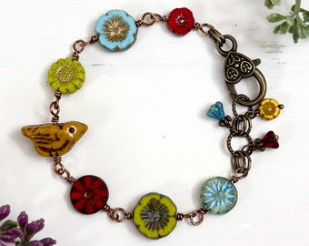 Colorful Yellow Bird Czech Glass Beaded Bracelet, Vintage Vibe, Boho Style, Botanical Jewelry, Chunky Birdie Jewelry, Gift for Her