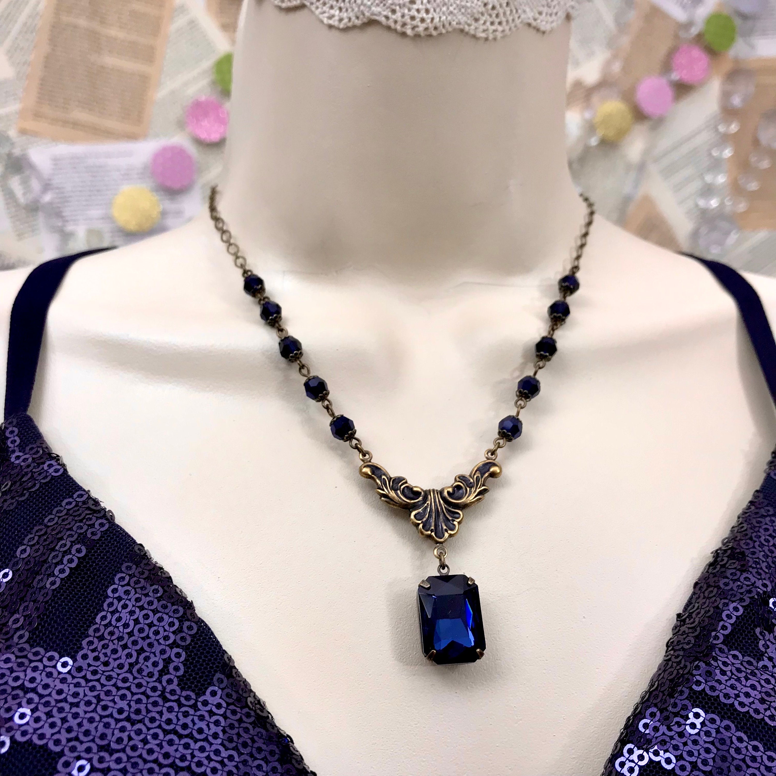Elegant Navy Blue Women's Necklace and Earring Set, Dark Blue