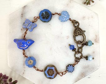 Denim Indigo Blue Bird Czech Glass Bracelet: Vintage Style Botanical Jewelry