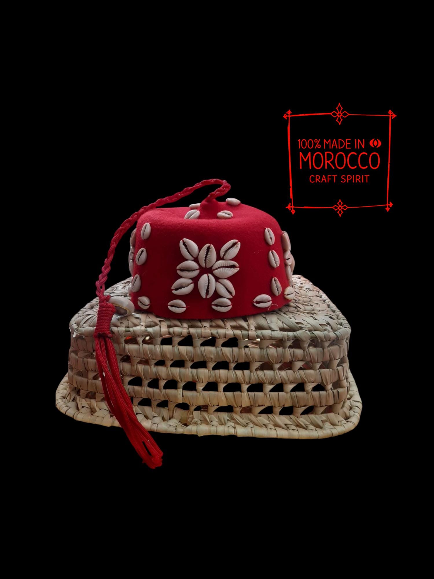Gnawi Moroccan hat. Moroccan gnawi hat. handmade. Handcraft of Marrakesh. Unisex. Decorated with cowries/cowris. African Spirit in You.