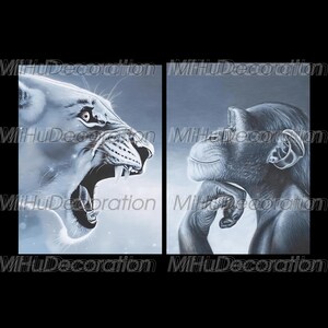 May include: Two-panel artwork featuring a roaring lioness and a pensive chimpanzee, both rendered in grayscale. The lioness is depicted with open jaws, while the chimpanzee rests its chin on its hand. The background is a gradient of light to dark gray.