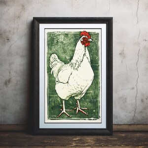 Arte mozzafiato con gallina bianca con un tocco rustico verde, stile cottage chic per cucina, sala da pranzo o ambiente accogliente da fattoria perfetto! #314