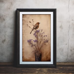 Poster Uccello in fiori beige lilla, per interni cottage, regalo di inaugurazione della casa, arredamento vintage tranquillo - umore accogliente, calmo e senza tempo-Zen! #164