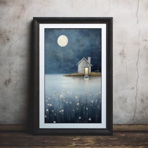 Poster House On Lake Full Moon Night Blue, per interni accoglienti, regalo di inaugurazione della casa, arredamento magico e sereno, vibrazioni calme e oniriche MoonGlow #215