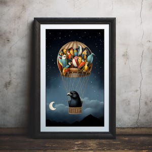 Impresionante globo surrealista con pájaros coloridos y un cuervo misterioso: ¡un vuelo nocturno fantástico para una decoración del hogar encantadora y aventuras mágicas! #016