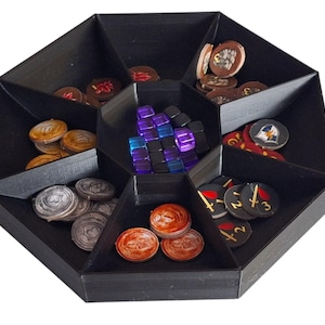 Feeder, holder, 9-compartment container for resources, board game tokens