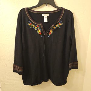 VTG Jones New York Sport Sweater Women&#39;s 1X Black Cotton Embroidered Top Japan
