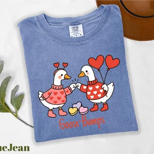 A blue t-shirt with a graphic design of two cartoon geese holding heart-shaped balloons and the text "Goosebumps" below them.