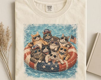 Camiseta de gatos patrióticos, camiseta de gatos de EE. UU., camiseta del 4 de julio, camiseta del Día de la Independencia, camiseta Comfort Colors® Summer Vibes, camiseta de gatos de verano