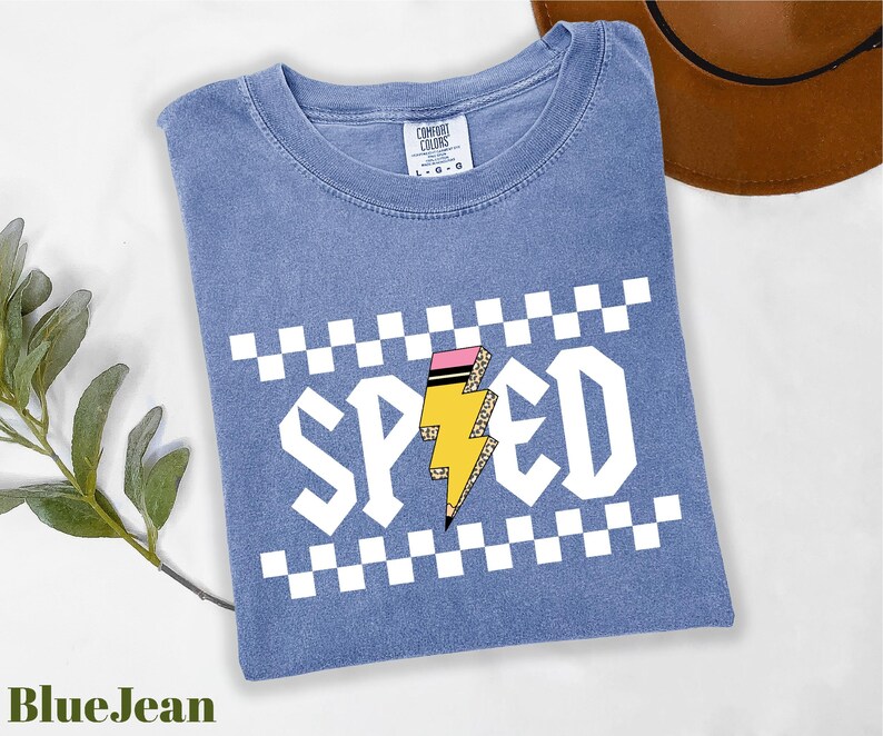 A blue t-shirt with a graphic design of a lightning bolt and the word "SPEED" printed on it, along with a brown hat and a green plant.