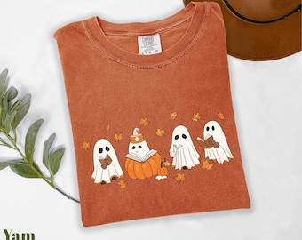 Comfort Colors® Fall Reading Ghost Shirt, Halloween Shirt, Ghost Reading Book Shirt, Book Lover Ghost Shirt, Fall Vibes Shirt, Halloween Tee