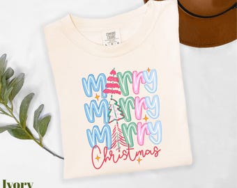 Comfort Colors® Merry Christmas Shirt, Christmas Tree Shirt, Xmas Shirt, Merry and Bright Shirt, Family Christmas Shirt, Xmas Holiday Shirt