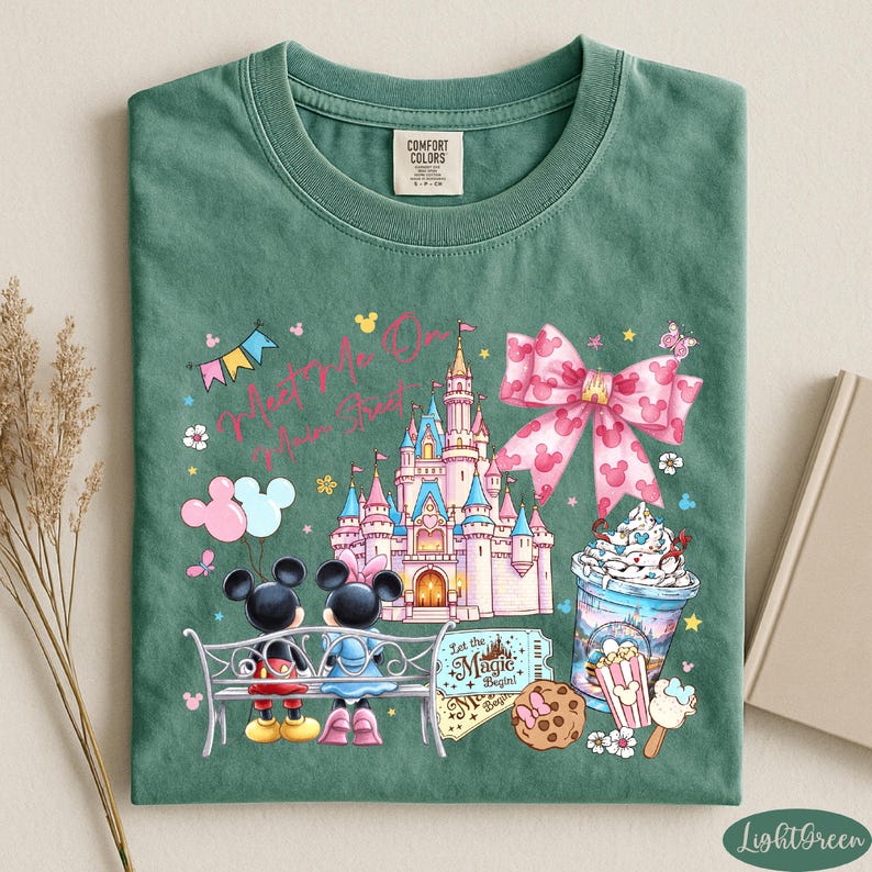 A green t-shirt with a Disney-themed design, including Mickey Mouse, a castle, and various Disney-related items such as a cup of ice cream and a popcorn bucket.