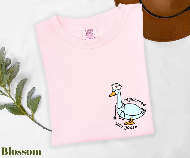 A pink t-shirt with a cartoon image of a nurse goose and the text "registered silly goose" printed on it, along with a brown hat and some greenery.