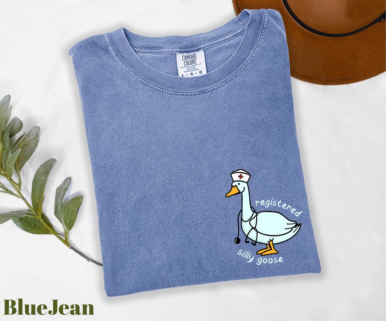 A blue t-shirt with a cartoon image of a duck wearing a nurse's hat and the text "registered silly goose" printed on it, along with a brown hat and some greenery.