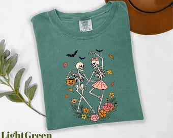 Comfort Colors® Dancing Skeleton Shirt, Halloween Party Shirt, Skeleton Couple Tee, Fall Leaves Shirt, Halloween Shirt, Skeleton Dance Shirt