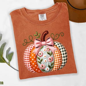 a brown t-shirt with a colorful pumpkin embroidered on it, along with a hat and some greenery.