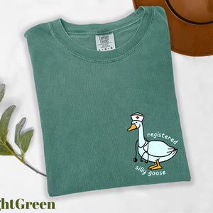 A green t-shirt with a cartoon image of a duck wearing a nurse's hat and the text "registered silly goose" printed on it, along with a brown hat and some greenery.