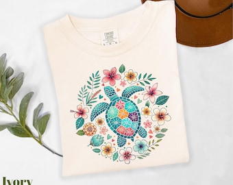 Comfort Colors® Floral Sea Turtle Shirt, Summer Shirt, Beachy Shirt, Turtle Lover Shirt, Summer Vibes Shirt, Ocean Lover Gift, Vacation Tee