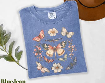 Comfort Colors® Floral Butterflies Shirt, Nature Lover Shirt, Gardener Shirt, Gift for Butterfly Lover, Summer Shirt, Retro Butterfly Shirt