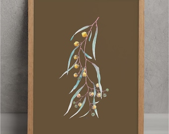 Wattle on Chocolate - Native Australian Printable Wall Art - Hand Painted - Digital Download